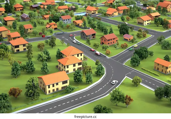Aerial View of a Model Town with Houses and Roads