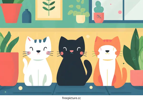 Three Cute Cats Sitting On Window Sill