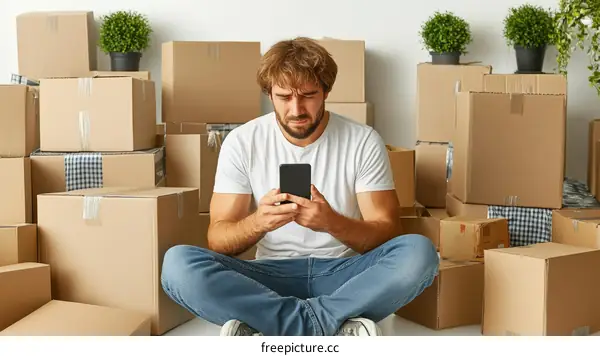 Man using mobile phone surrounded by moving boxes