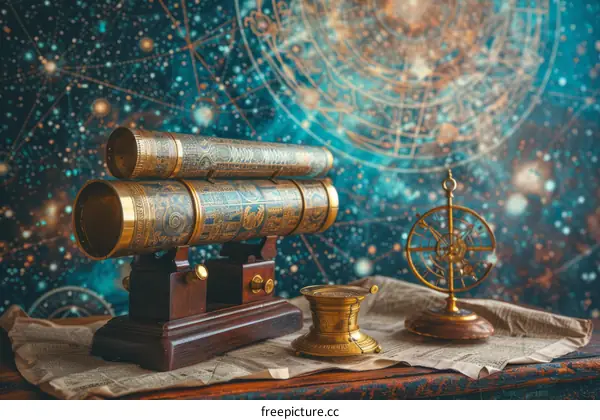 An illustration of an antique telescope and other astronomical instruments