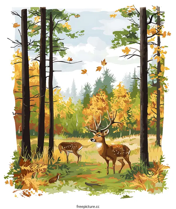 Autumn Forest Scene with Three Deer