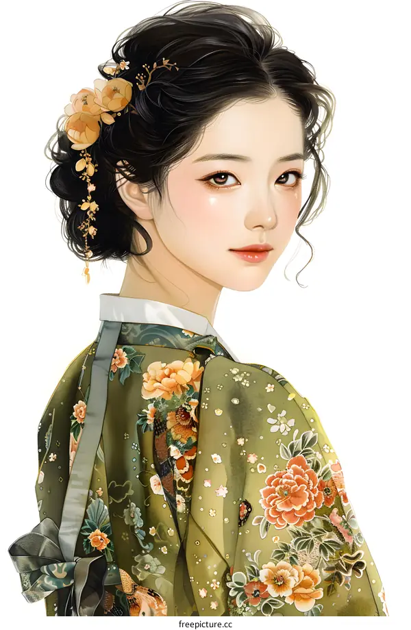 A digital painting of a young woman in a traditional Chinese dress