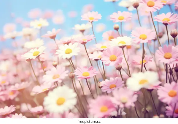 Field of pink and white daisies with a blue sky in the background