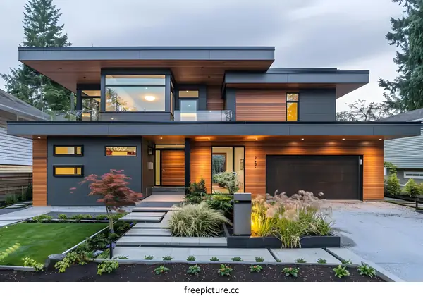 Modern House Exterior Design With Wood Siding And Landscaping