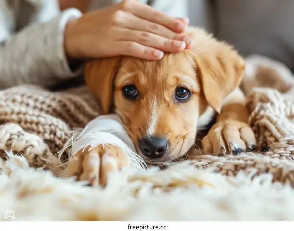 Little Puppy with Injured Paw Gets Comfort from a Pet Owner