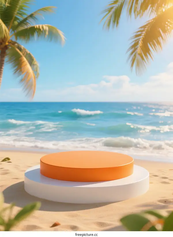 Beach Scene with Round Podium and Clear Blue Ocean