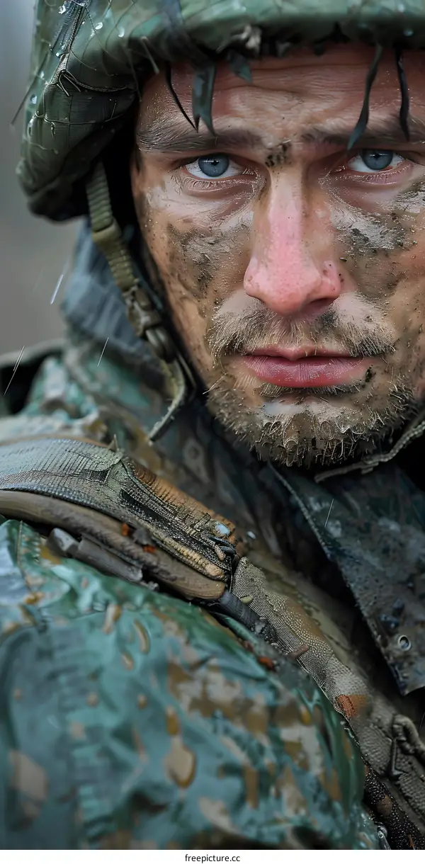 Portrait of a soldier with mud on his face