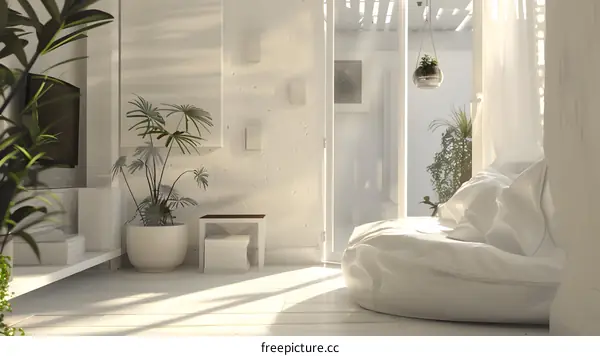 Minimalist White Living Room Interior Design With Sunbeams