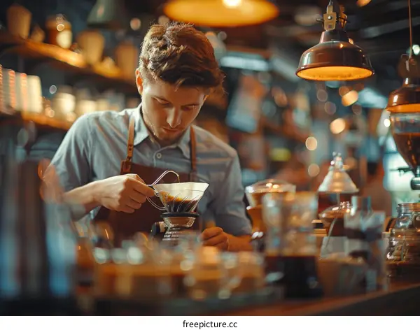 Focused barista making pour over coffee in a coffee shop