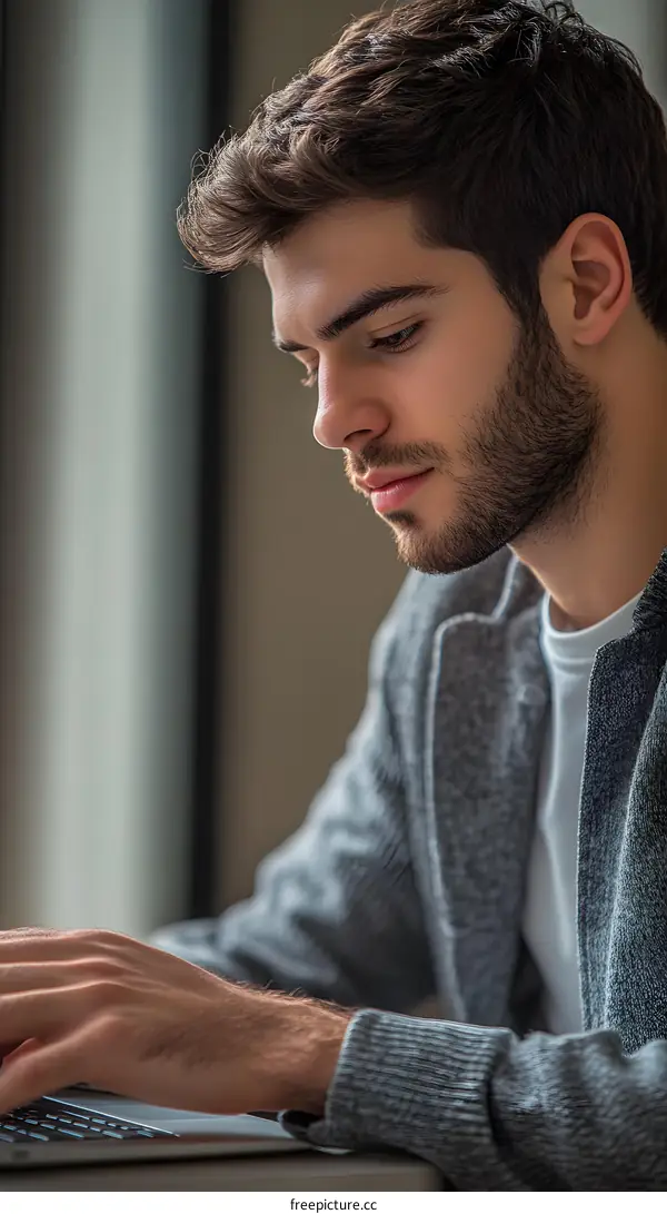 Young Man Working on Laptop in Casual Clothes