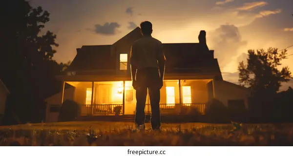 A man standing in front of a house at sunset