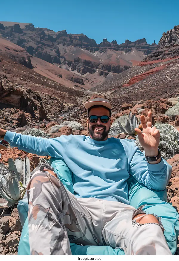 Man in Blue Sweatshirt Smiling in Front of Mountain Landscape