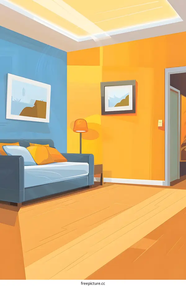 Cartoon Illustration of a Modern Living Room with Sofa, Lamp and Pictures