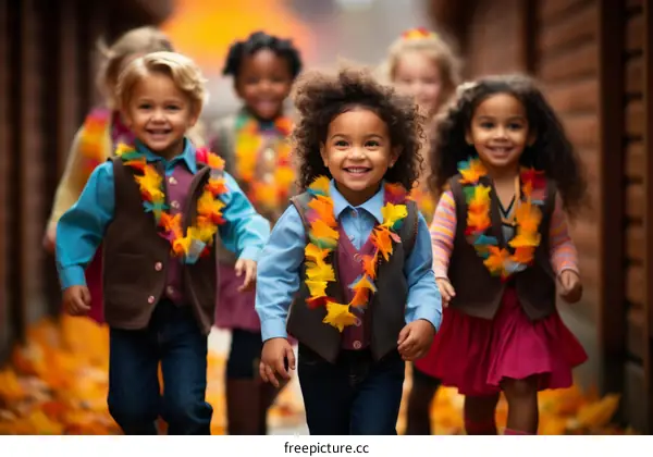 A group of diverse children wearing fall clothes and holding hands