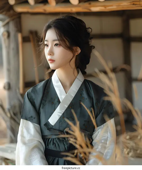 Portrait of a young woman in traditional Korean dress, or Hanbok