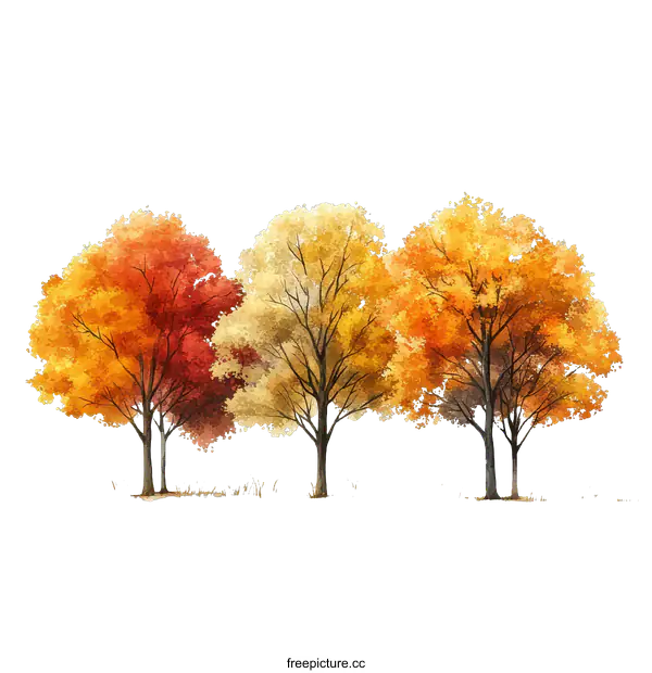 [Transparent Background PNG]Autumn Trees Illustration with Colorful Leaves