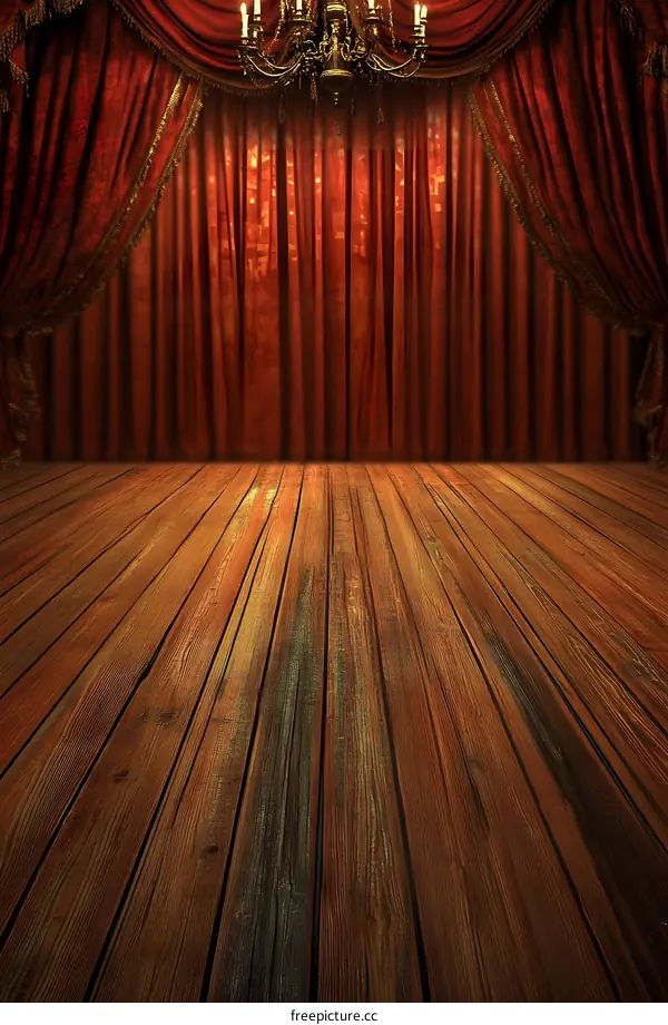 Red Velvet Stage Curtain and Wooden Floor Background