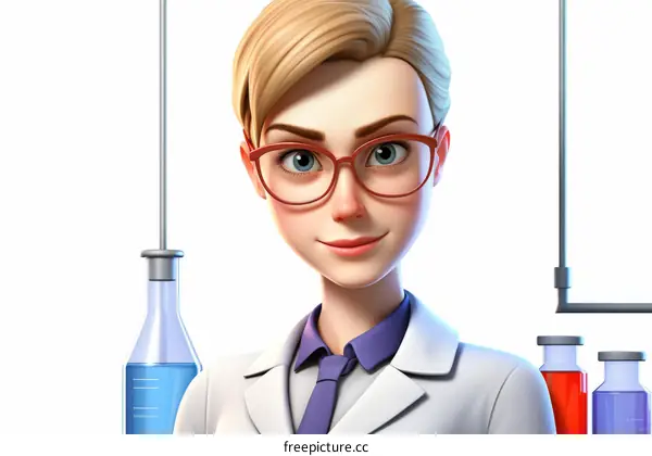 A cartoon image of a female scientist wearing glasses and a lab coat, with beakers and a test tube in the background