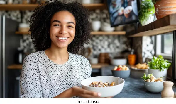 Happy Woman Enjoying a Healthy Breakfast in Kitchen