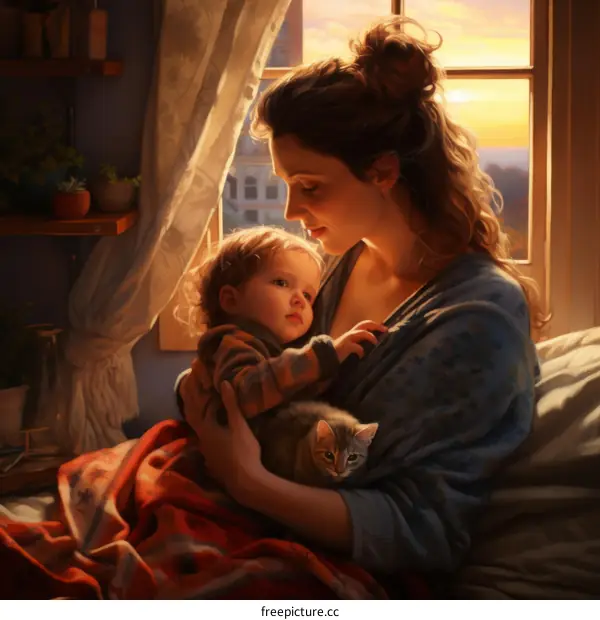 Mother and child with a cat sitting on her lap