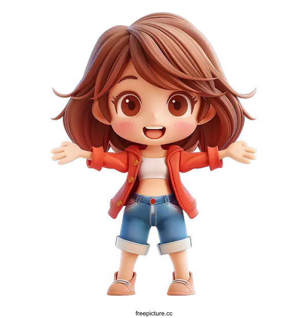[Transparent Background PNG]cute chibi girl with brown hair wearing a red jacket and blue jeans