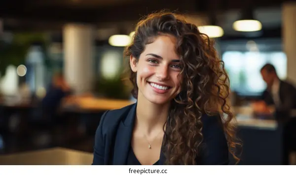 Portrait of a young woman with curly hair smiling in an office environment