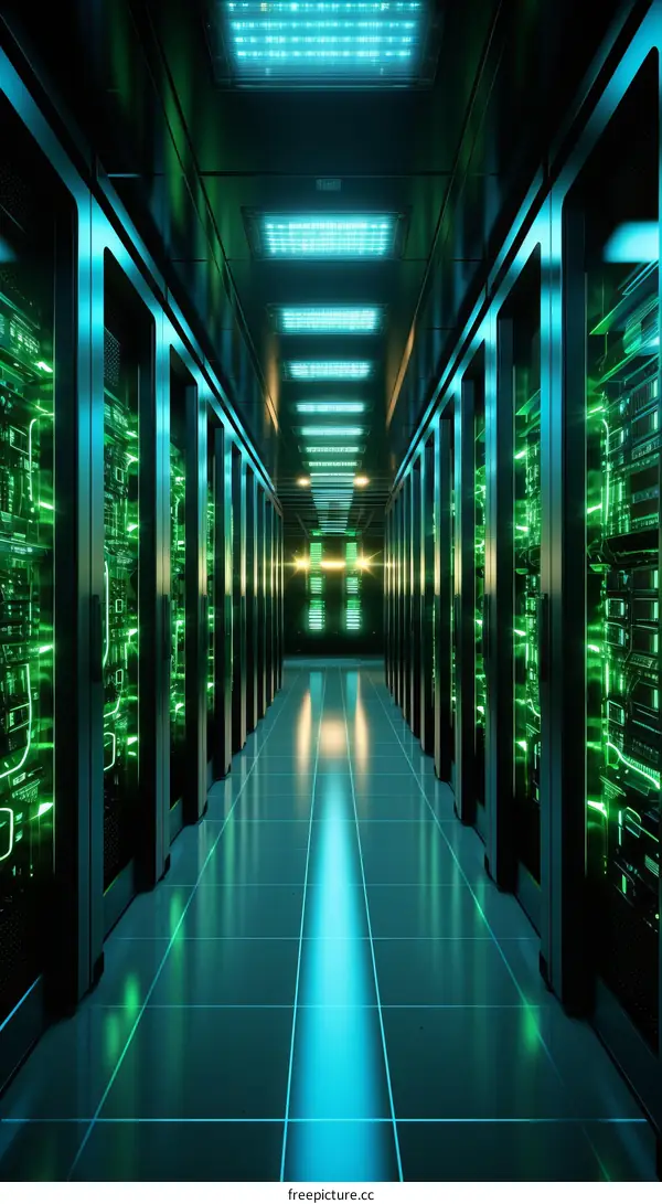 Futuristic server room with green lights