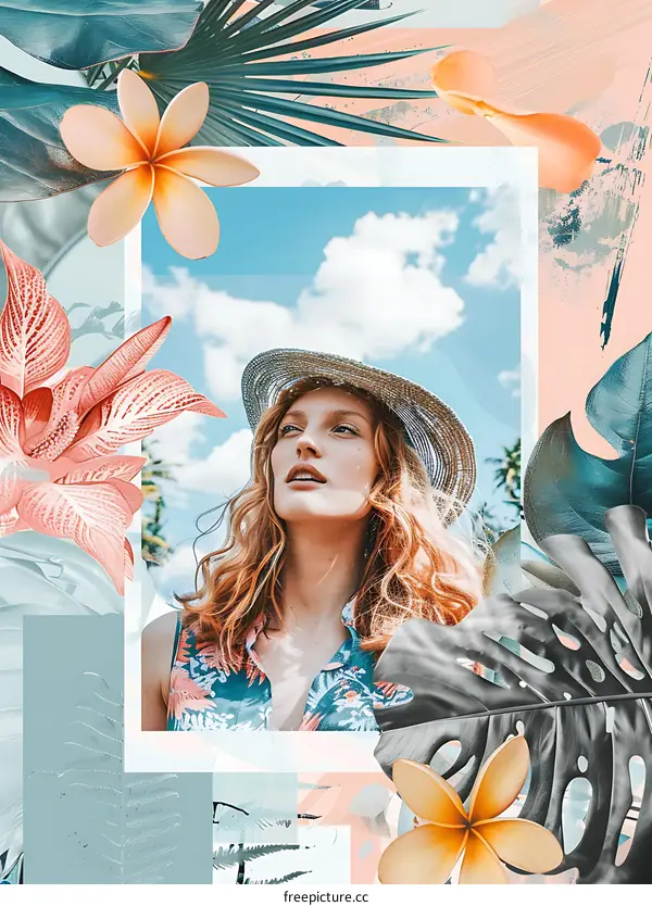 Woman in Hat with Tropical Flowers and Leaves Collage