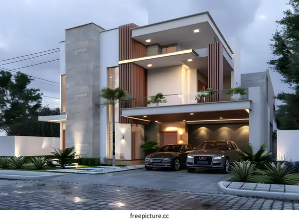 Modern House with Two Car Garage and Stone Facade