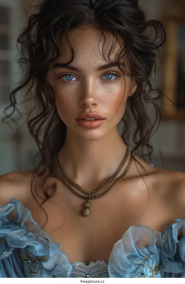 Portrait of a beautiful young woman with blue eyes and freckles