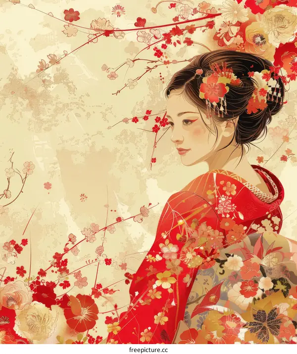 A beautiful Japanese woman in a red kimono with cherry blossoms