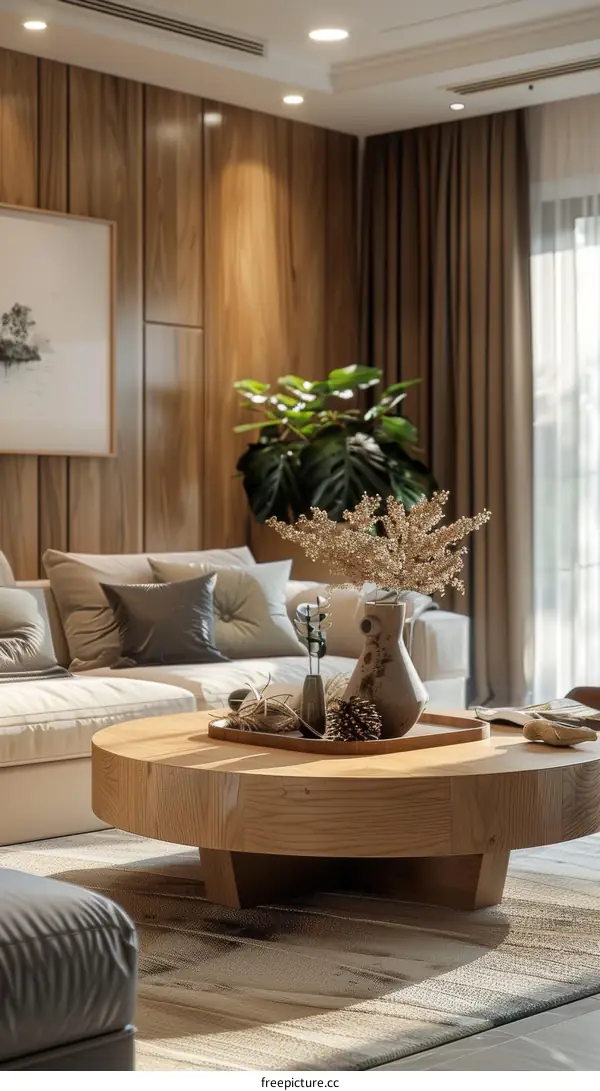 Modern living room interior with wooden furniture and decor