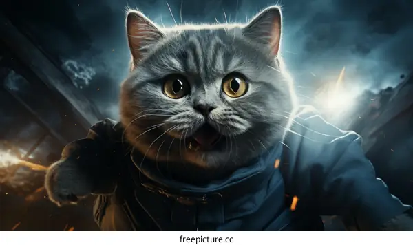 A grey cat wearing a blue spacesuit is running in a war zone