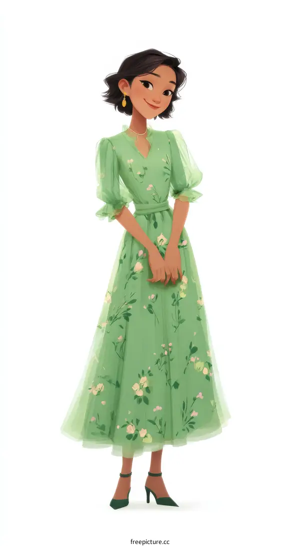Elegant Asian Woman in a Floral Green Dress Illustration