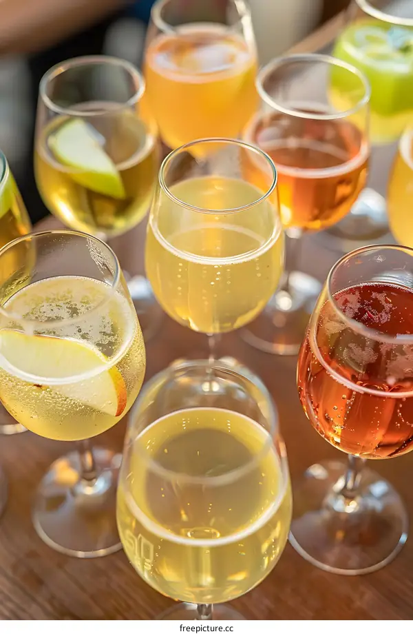 Closeup of Different Flavored Cider in Wine Glasses