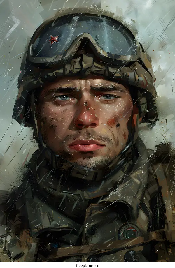 Portrait of a soldier wearing a military helmet