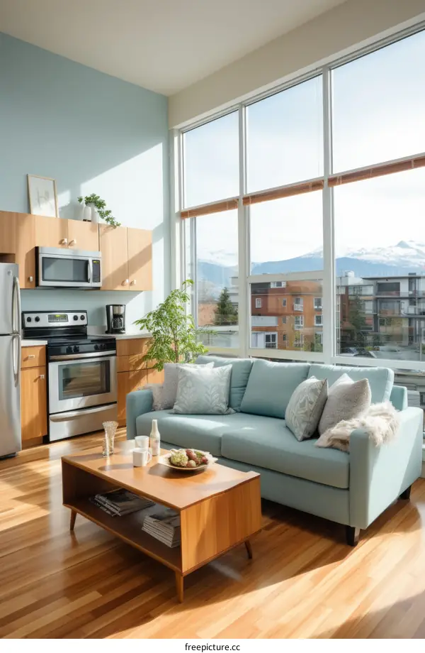 A modern living room with a large window and a blue sofa