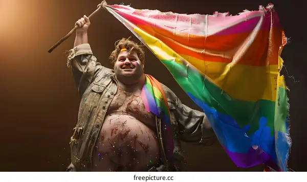 overweight man holding a rainbow flag