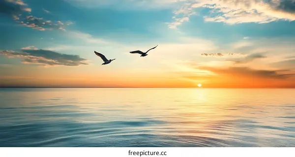 Seagulls Flying Over Calm Ocean During Sunset