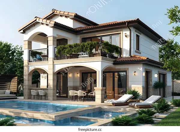 A luxurious two-story house with a pool and a beautiful yard