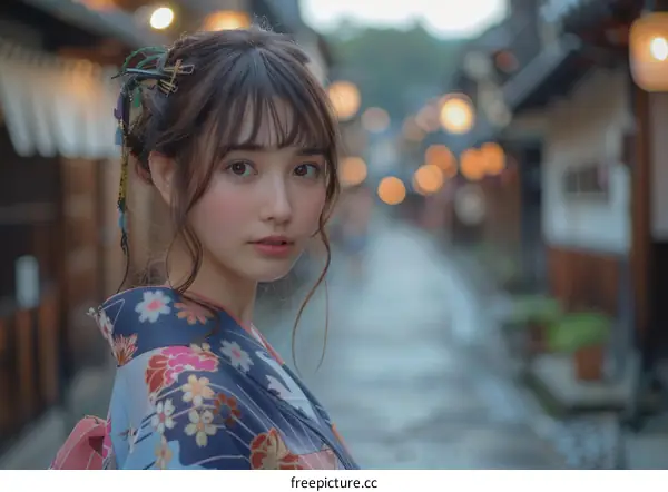 Asian Woman in Traditional Japanese Kimono in Street