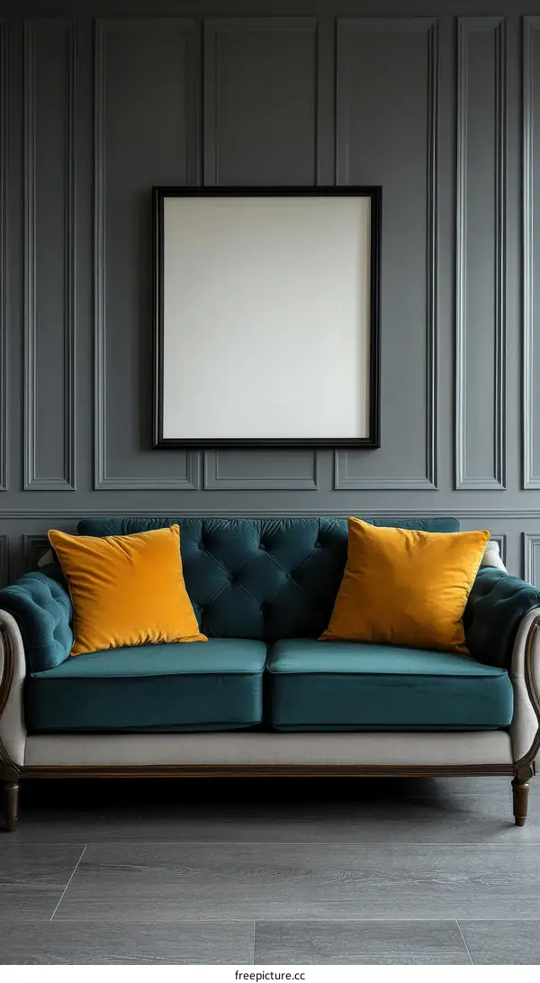 Elegant Living Room with Teal Sofa and Mustard Pillows