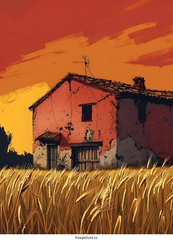 Old Countryside House Illustration with Sunset