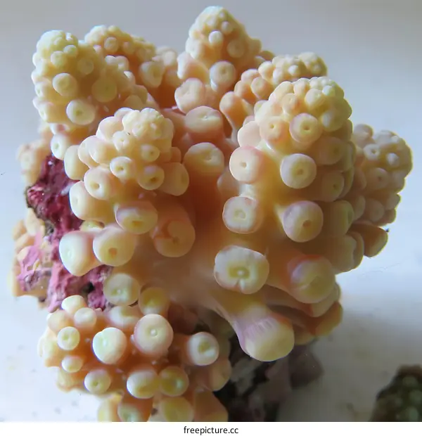 A close-up image of a cluster of yellow and pink clove polyps