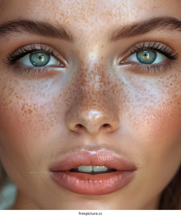 Close-up portrait of a young woman with freckles