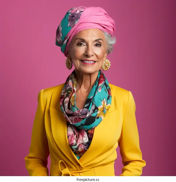 A stylish older woman with a pink turban and a yellow jacket smiles at the camera