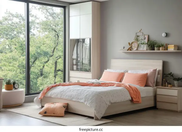 Modern Bedroom with Large Window and Warm Colors