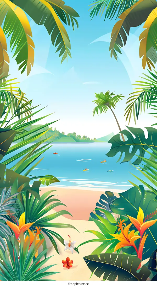 Tropical Beach Scene with Palm Trees and Flowers