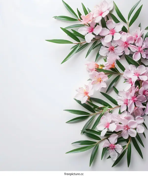 Pink Flowers and Green Leaves on White Background