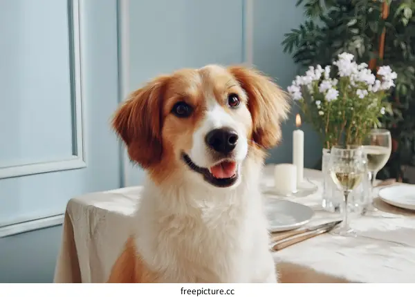 Dog at Dinner Table with Elegant Setting